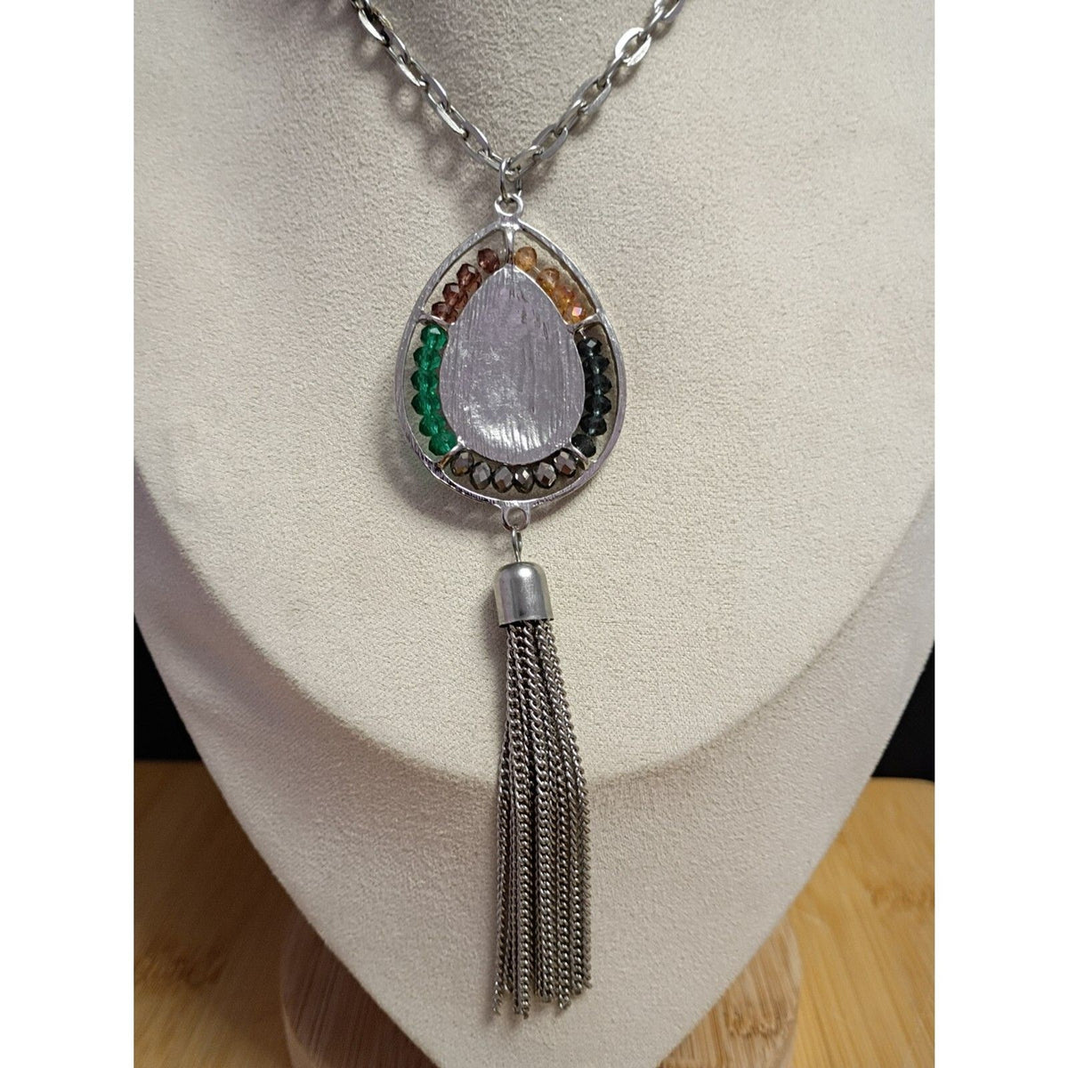 Vintage Red Teardrop Pendant Necklace Tassel Chain & Chakra Beads