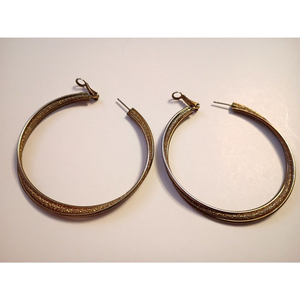 Vintage 2" Large Twisted Two-Tone Gold & Silver Druzy Center Hoop Earrings