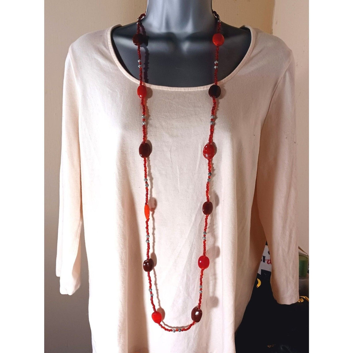 VTG Red and Blood Red Faceted Glass Bead Stations Necklace