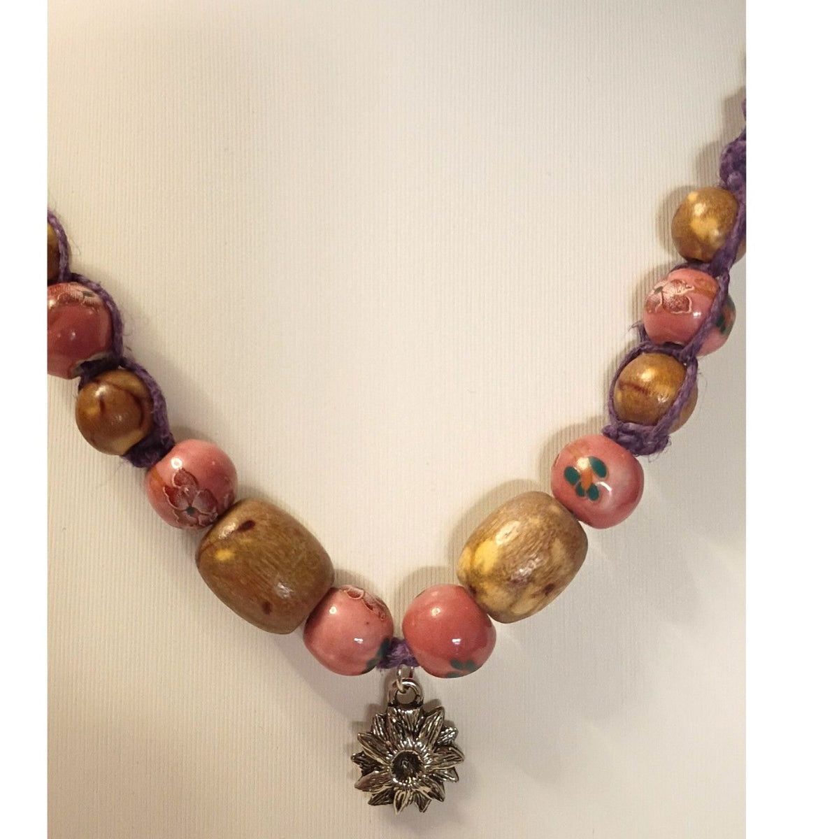 Necklace of Pink Floral beads Rustic Wooden bead Purple Cord