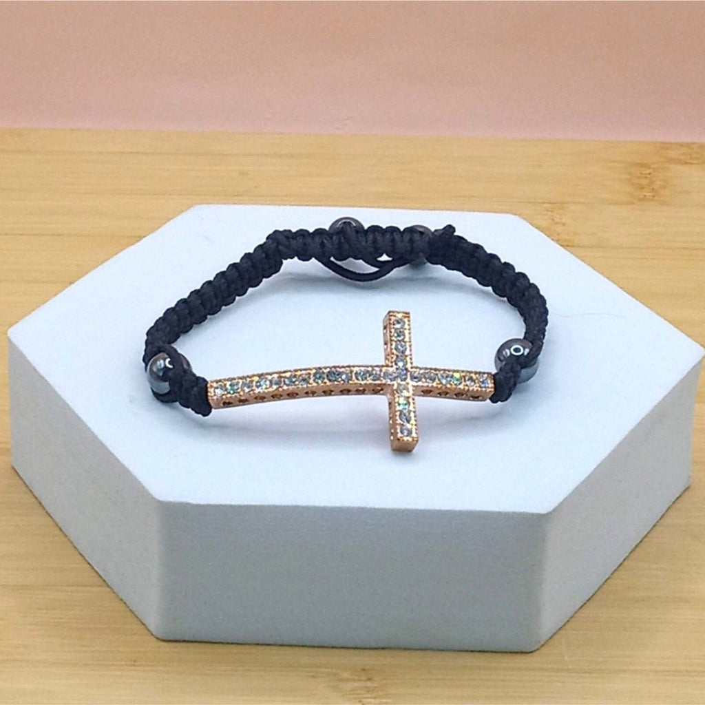 Vintage Rose Gold-Tone Rhinestone Crucifix Bolo Bracelet