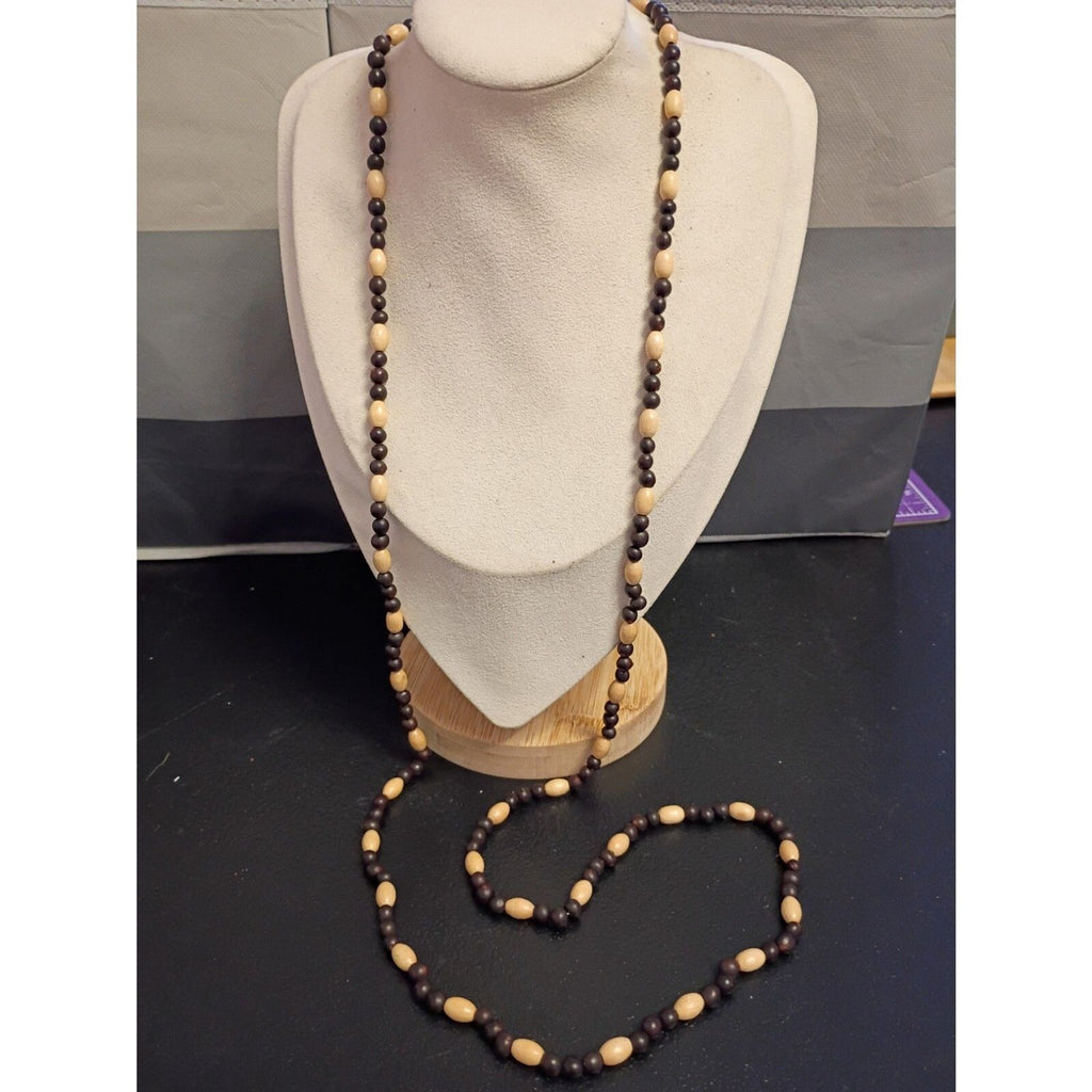 Vintage Wooden & Glass Seed Bead Strand Necklace 45 Inches
