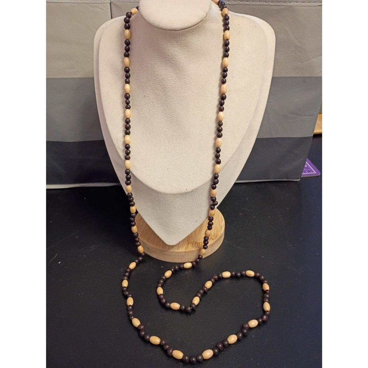 Vintage Wooden & Glass Seed Bead Strand Necklace 45 Inches