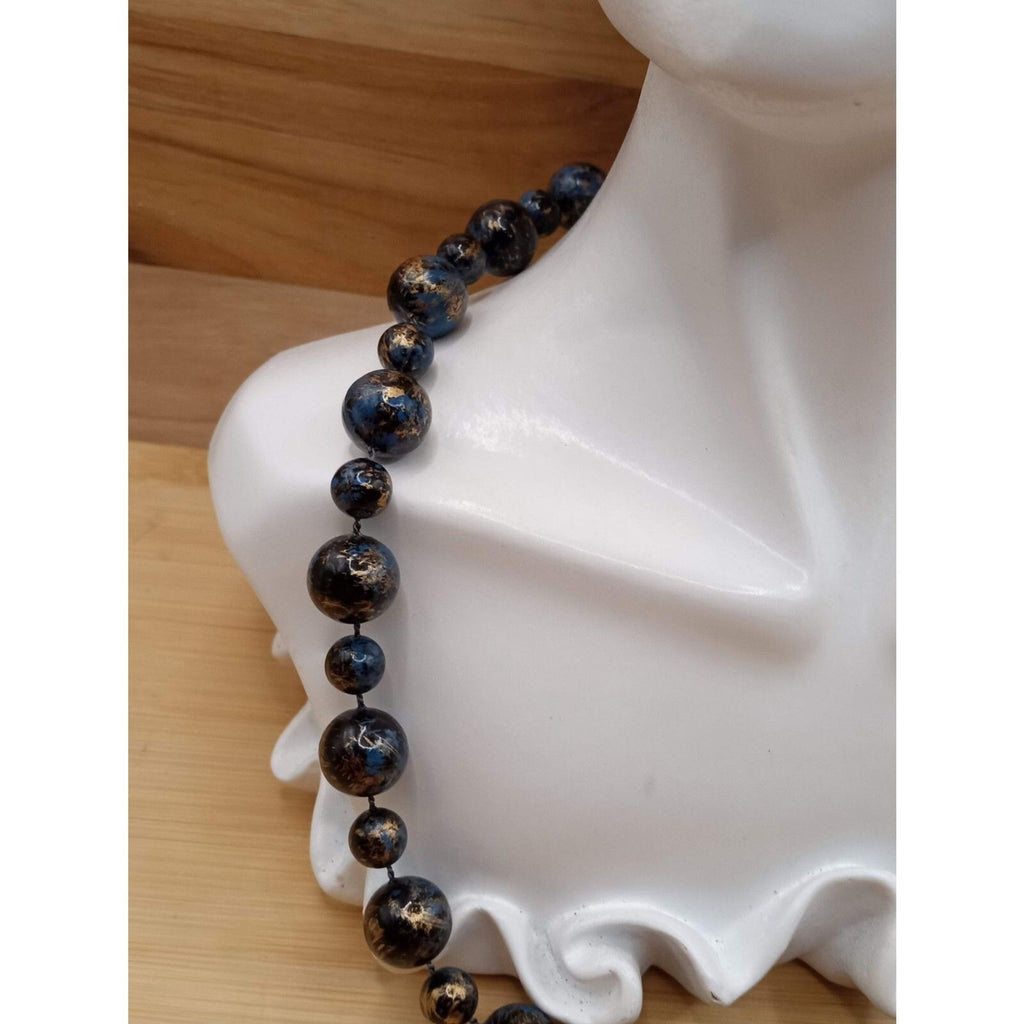 Vintage Blue & Gold Alternating Size Beaded Single Strand Acrylic Necklace