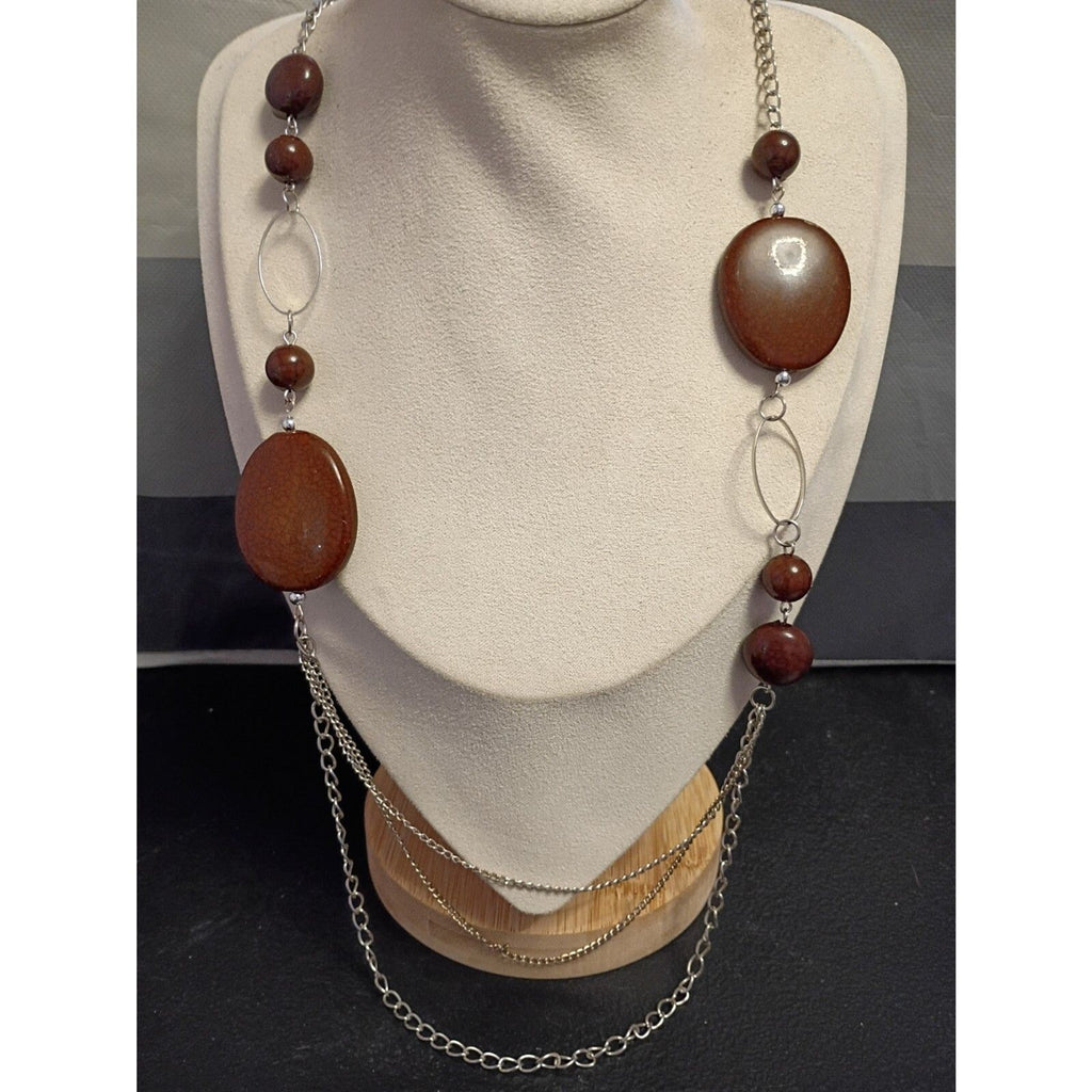 Vintage Chocolate Brown Chunky and Small Lucite Bead Silvertone Necklace