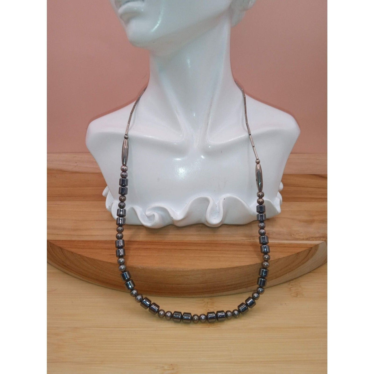 Vintage Natural Hematite & Glass Beaded Industrial Style Necklace