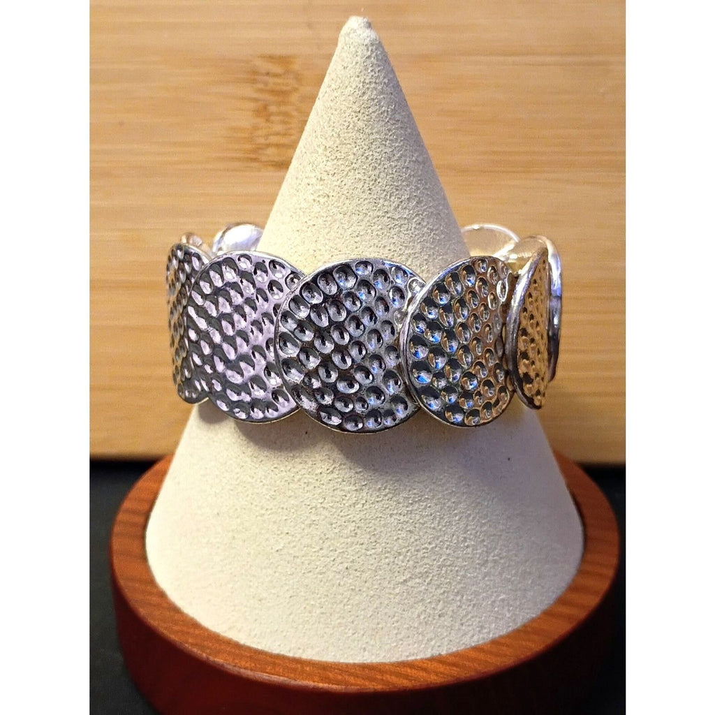 Vintage Hammered Silver-Tone Circle Link Textured Disc Stretch Bracelet