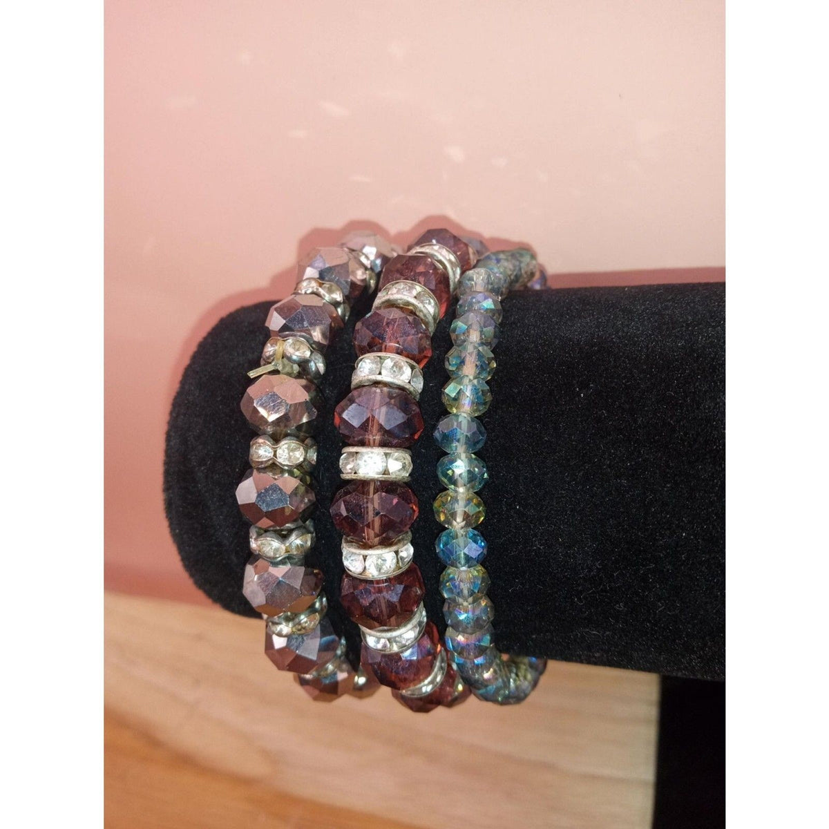 Vintage 3-Piece Stackable Crystal Beaded Bracelet Set - Red, Blue & Silver