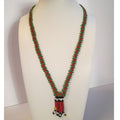 Vintage Lovely Seed Bead Red and Green Netted Chain Tassel Necklace Tribal Style