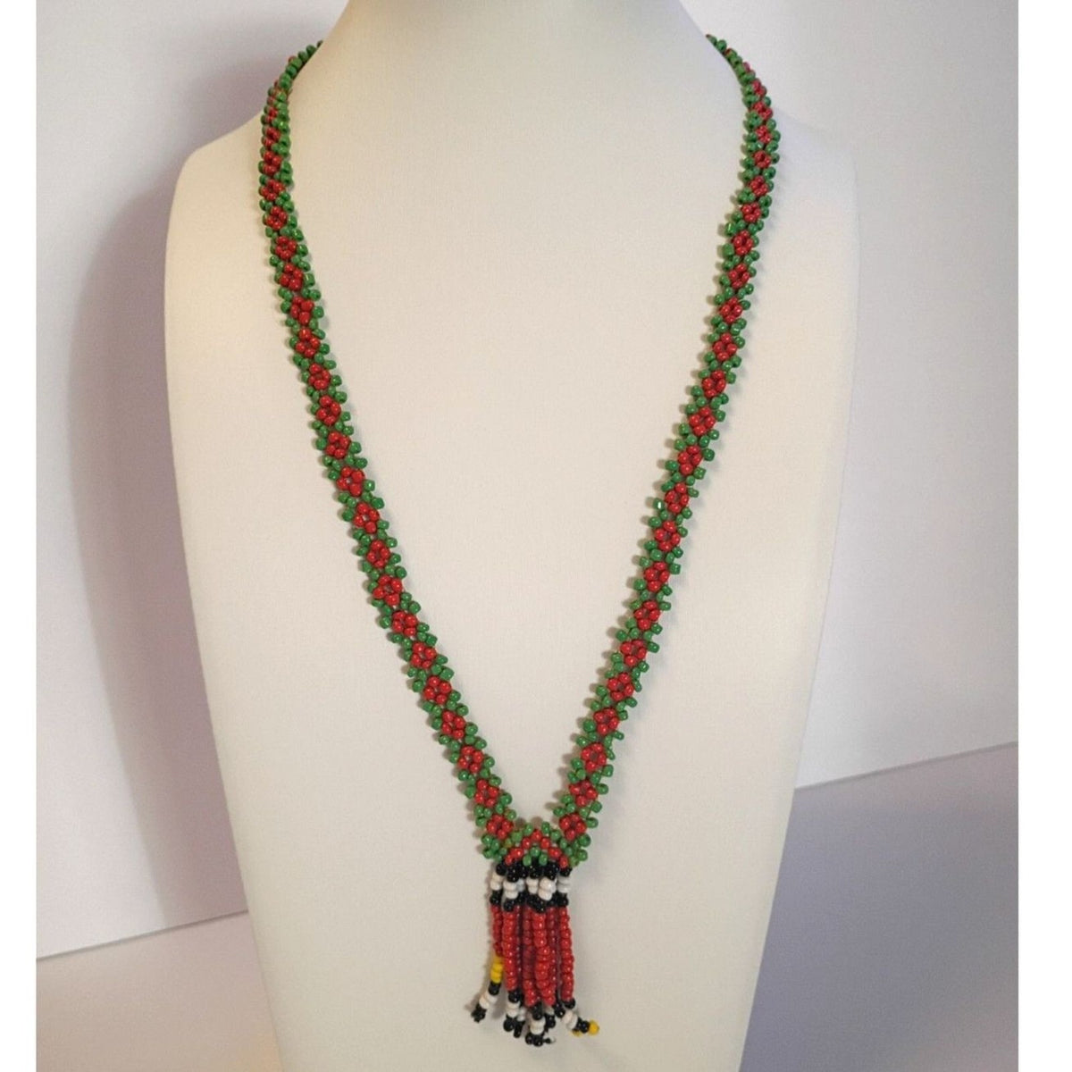 Vintage Lovely Seed Bead Red and Green Netted Chain Tassel Necklace Tribal Style