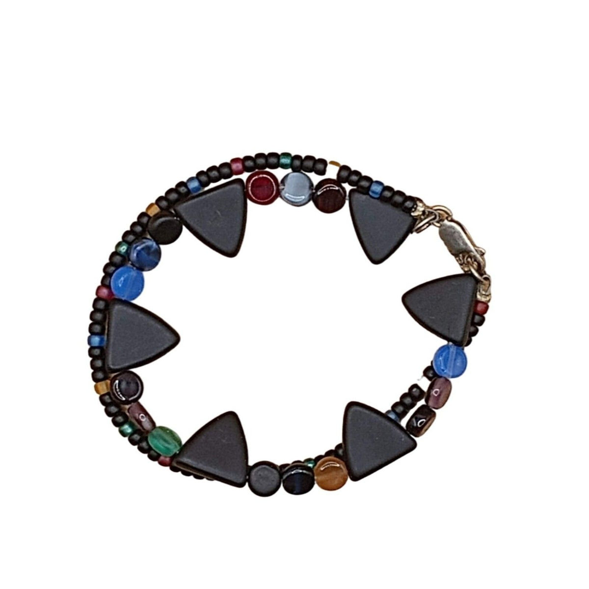 Vintage Double Strand Glass Beaded Bracelet Triangle, Disc, and Seed Bead Black and Multicolor
