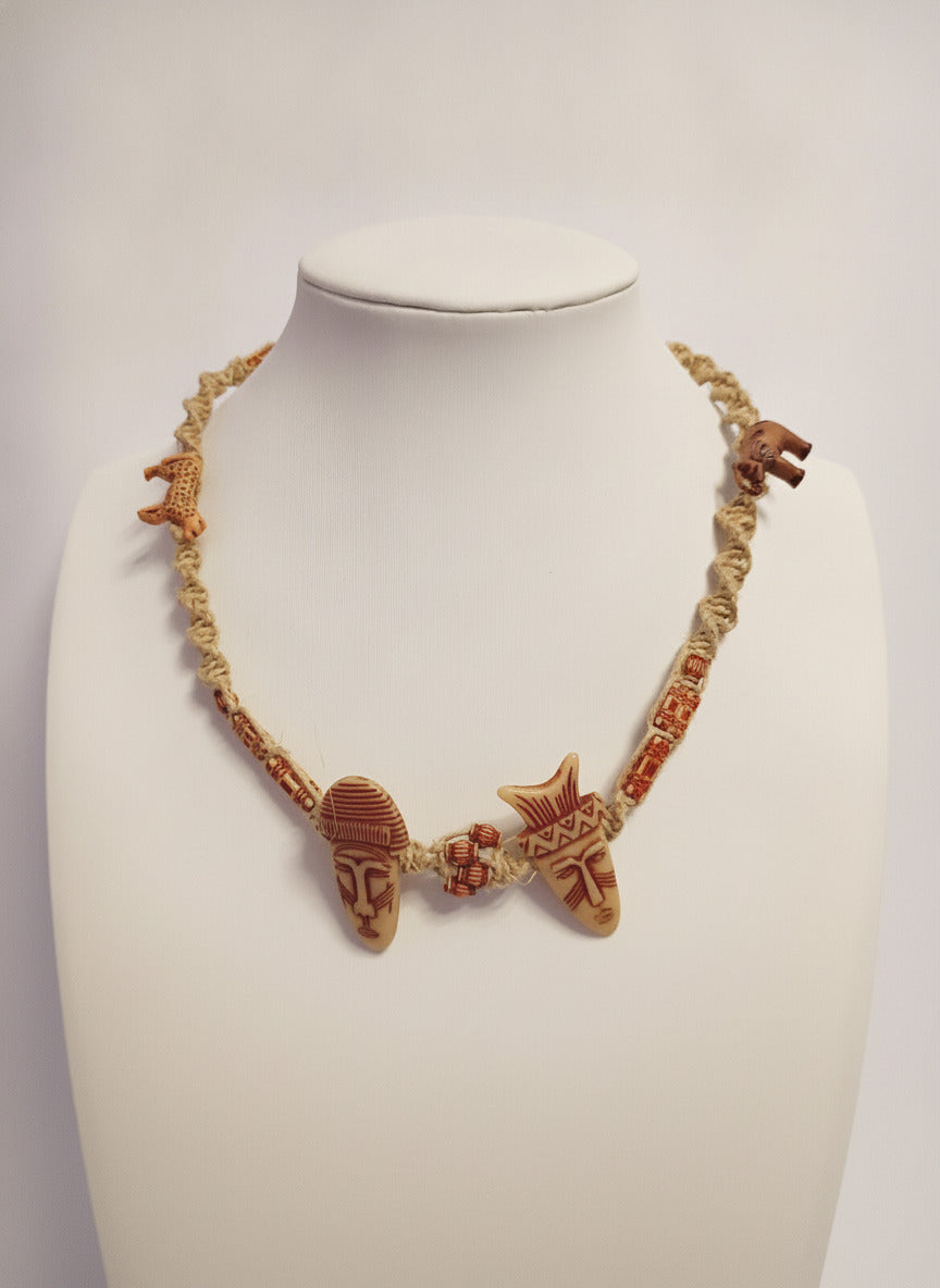 Vintage Braided Rope Choker Necklace with Tribal Face and Animal beads