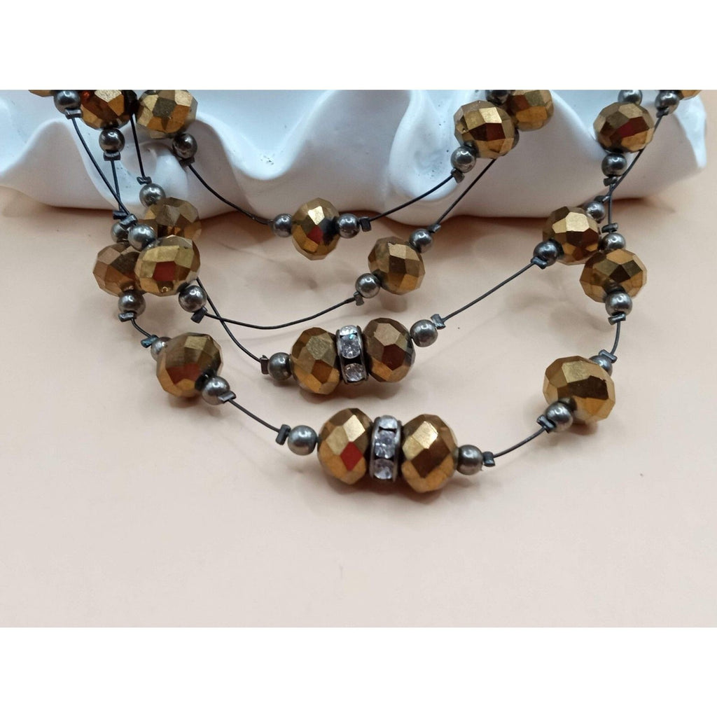 Vintage Hexagonal Cut Glass Beaded Quad Stranded Necklace in Bronze Tones