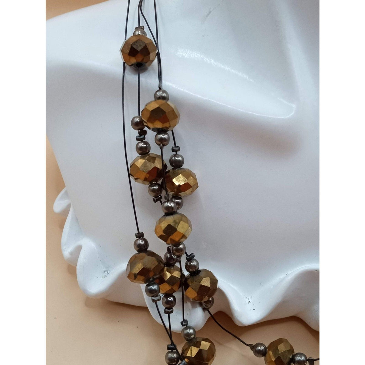 Vintage Hexagonal Cut Glass Beaded Quad Stranded Necklace in Bronze Tones