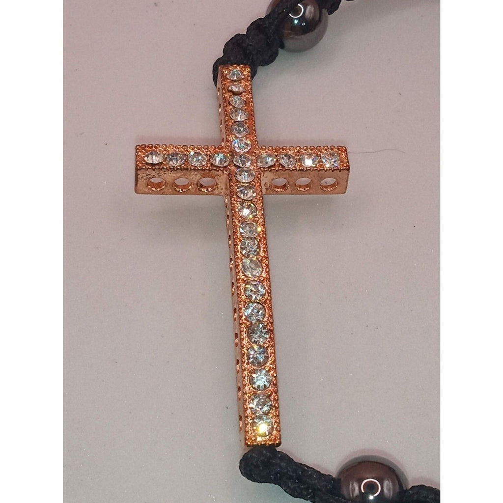 Vintage Rose Gold-Tone Rhinestone Crucifix Bolo Bracelet