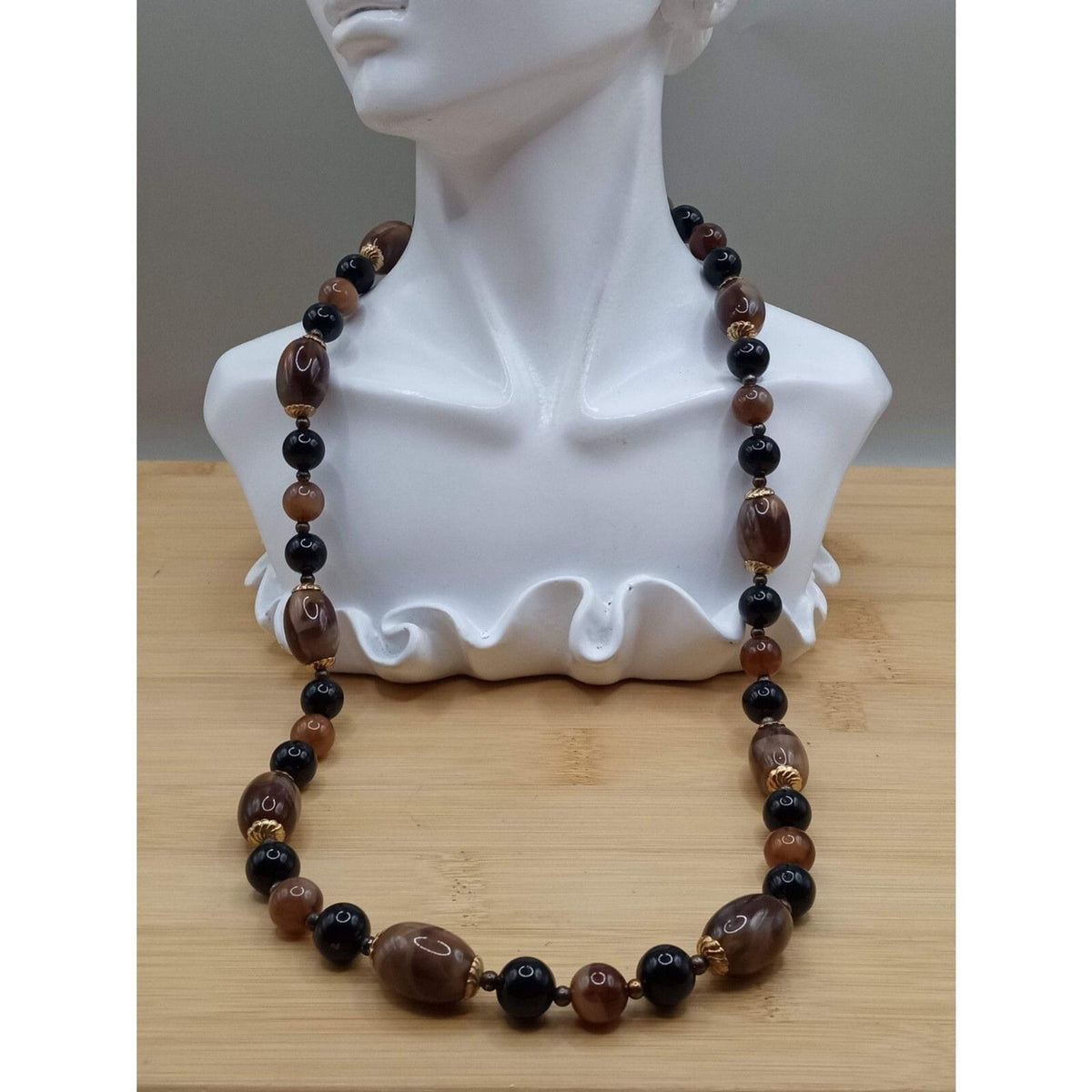 Vintage Root Beer Brown & Black Lucite Beaded Necklace with Gold-Tone Accent Stations