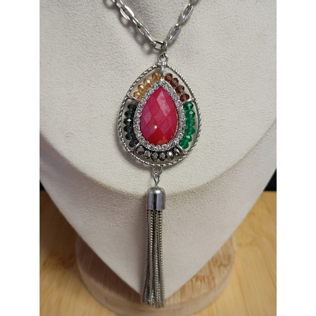 Vintage Red Teardrop Pendant Necklace Tassel Chain & Chakra Beads