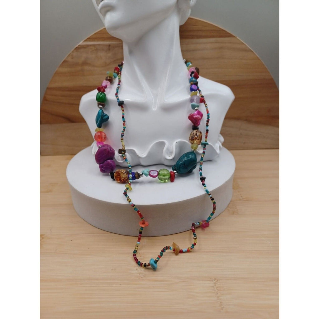 Stone Chip & Glass Bead Multi Color Double Strand Necklace