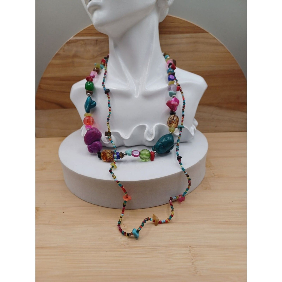 Stone Chip & Glass Bead Multi Color Double Strand Necklace