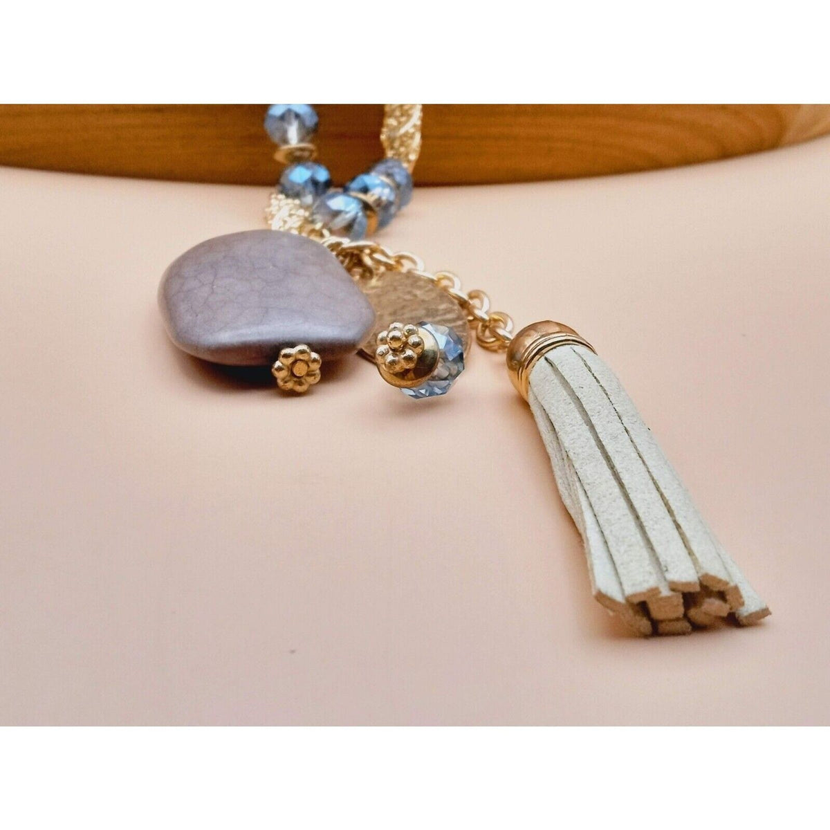 Natural Snakeskin Agate Boho Strap Tassel with Carved Gold Tone Beads Necklace
