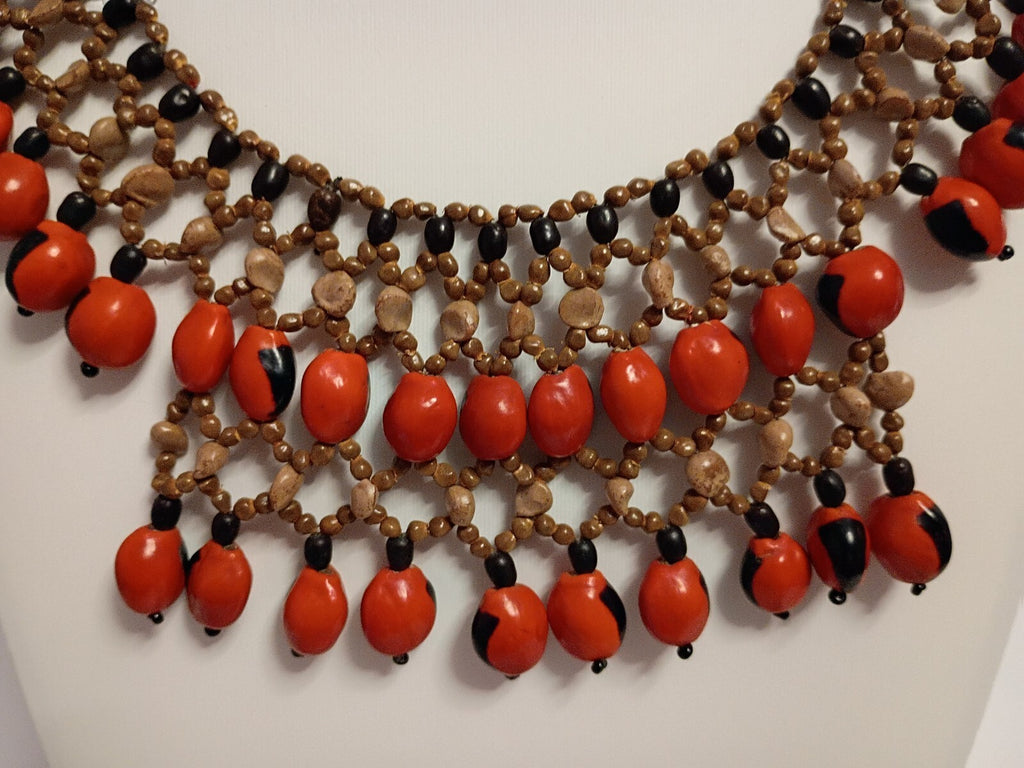 Vintage Tribal Inspired Fall Oranges and Browns Beaded Bib Statement Necklace