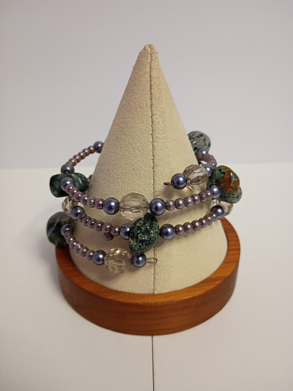 Vintage Multi-Strand Seed Beaded Bracelet with Purple Beads and Natural Stone