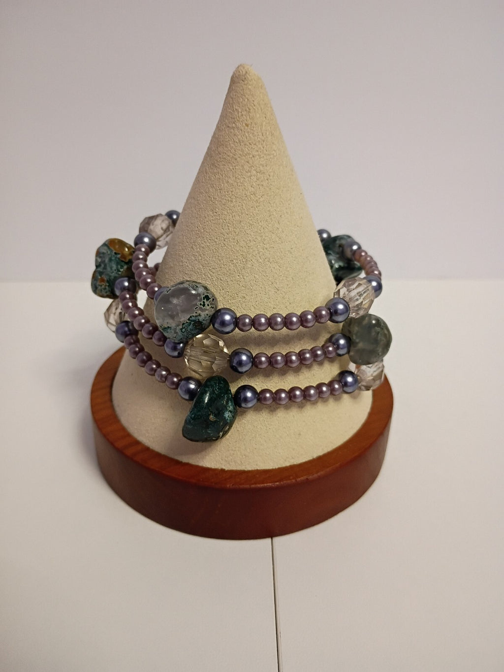 Vintage Multi-Strand Seed Beaded Bracelet with Purple Beads and Natural Stone
