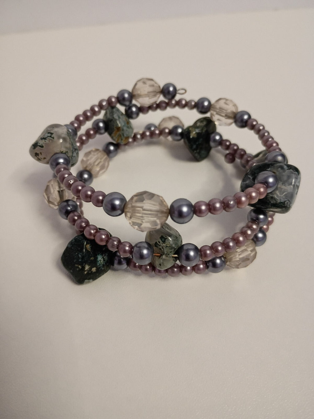 Vintage Multi-Strand Seed Beaded Bracelet with Purple Beads and Natural Stone