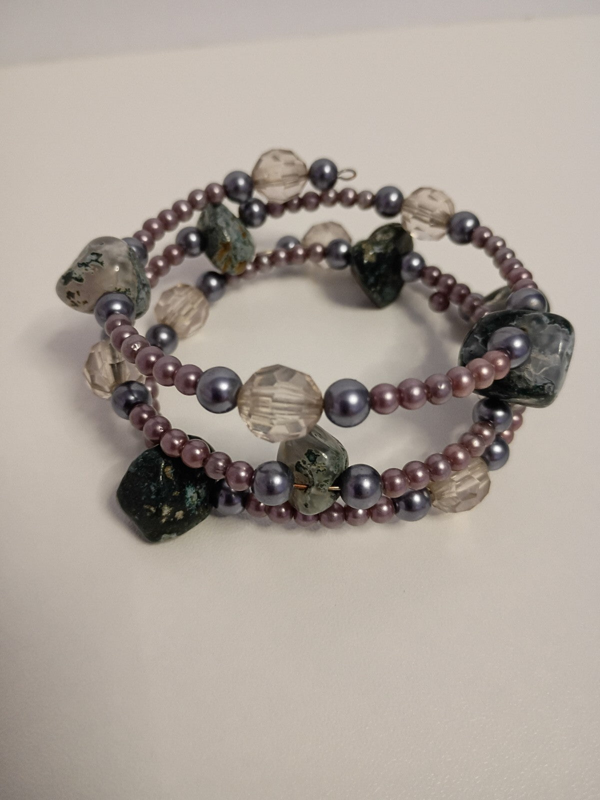 Vintage Multi-Strand Seed Beaded Bracelet with Purple Beads and Natural Stone