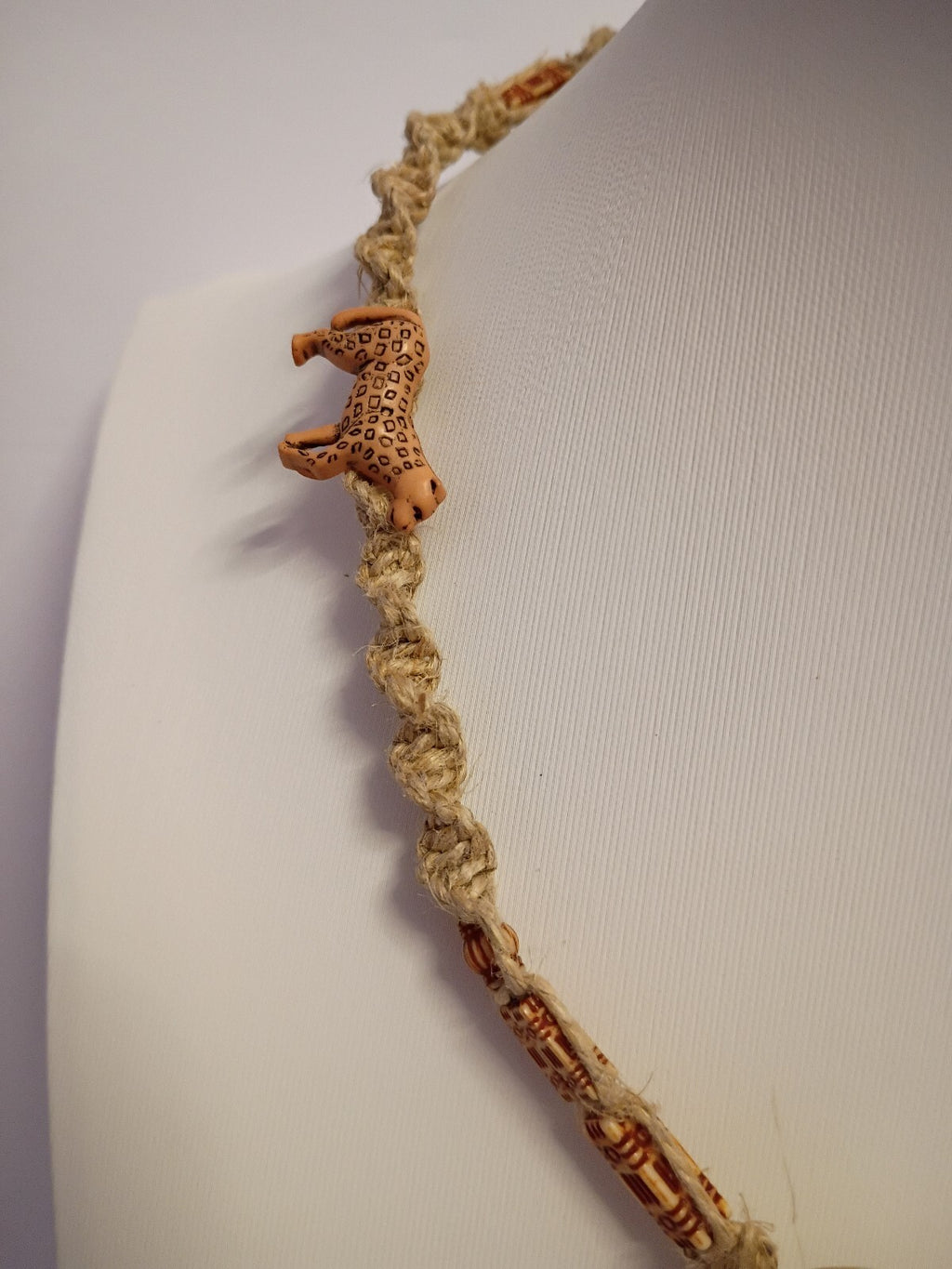Vintage Braided Rope Choker Necklace with Tribal Face and Animal beads