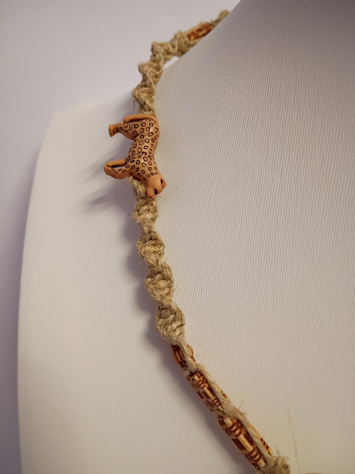 Vintage Braided Rope Choker Necklace with Tribal Face and Animal beads