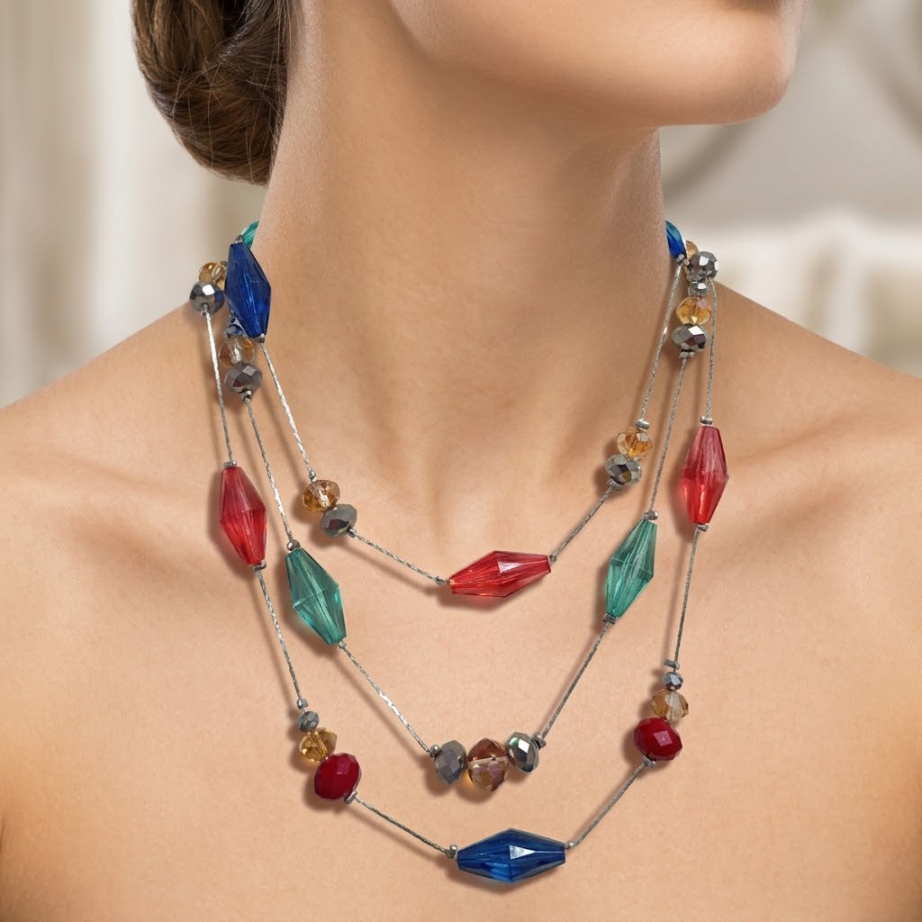 Vintage Holiday Colored Light Faceted Bead Triple Strand Chain Necklace