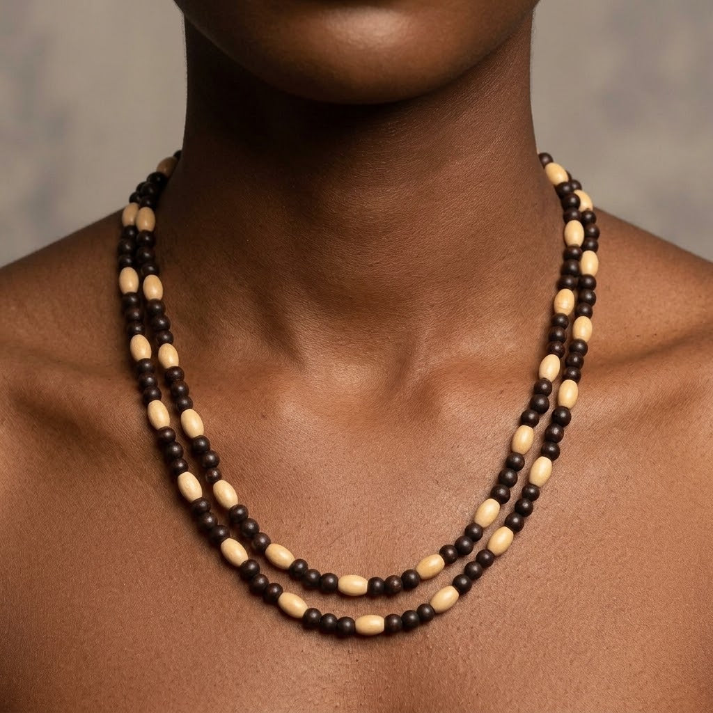 Vintage Wooden & Glass Seed Bead Strand Necklace 45 Inches