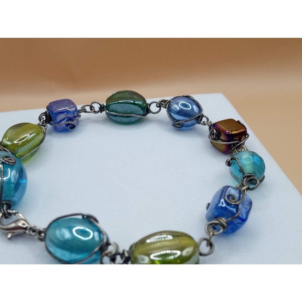 Vintage Round & Square Artisan Glass Beads Wire Wrapped Bracelet