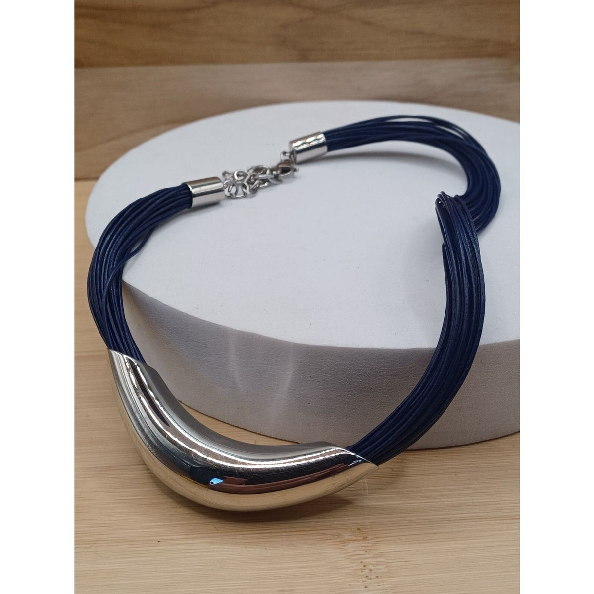Vintage Blue Cord and Silver Tone Curved Tube Chunky Necklace