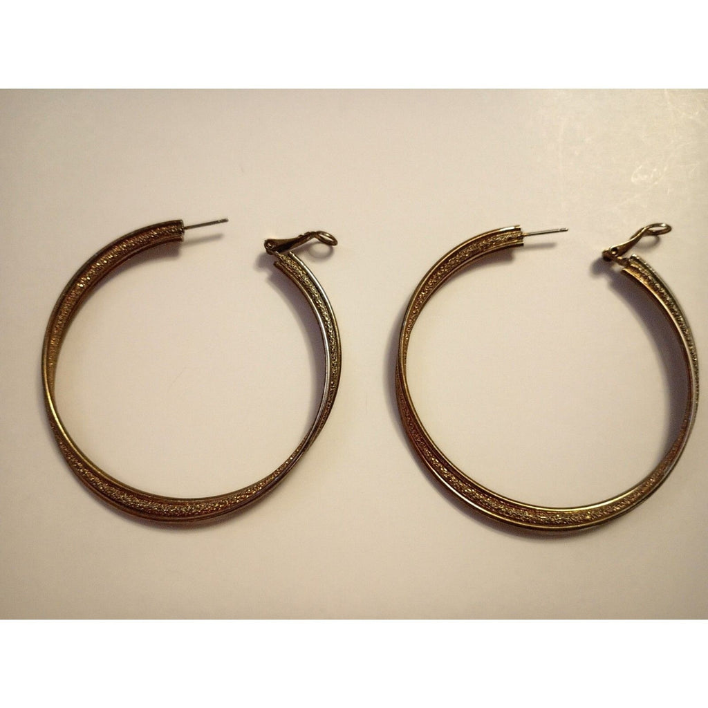 Vintage 2" Large Twisted Two-Tone Gold & Silver Druzy Center Hoop Earrings