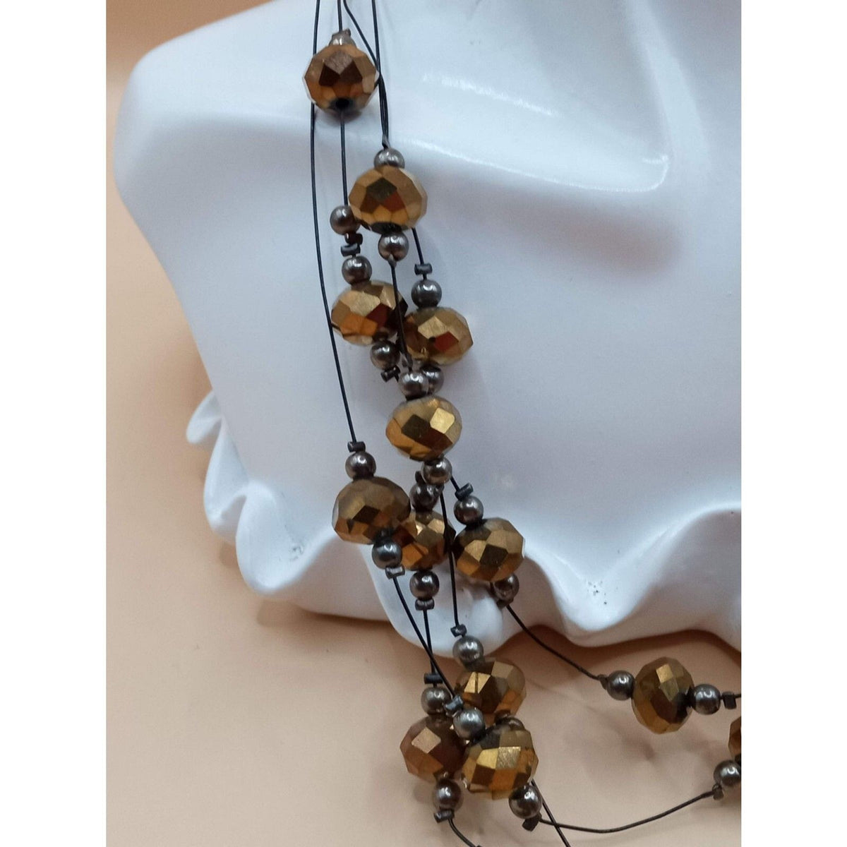Vintage Hexagonal Cut Glass Beaded Quad Stranded Necklace in Bronze Tones