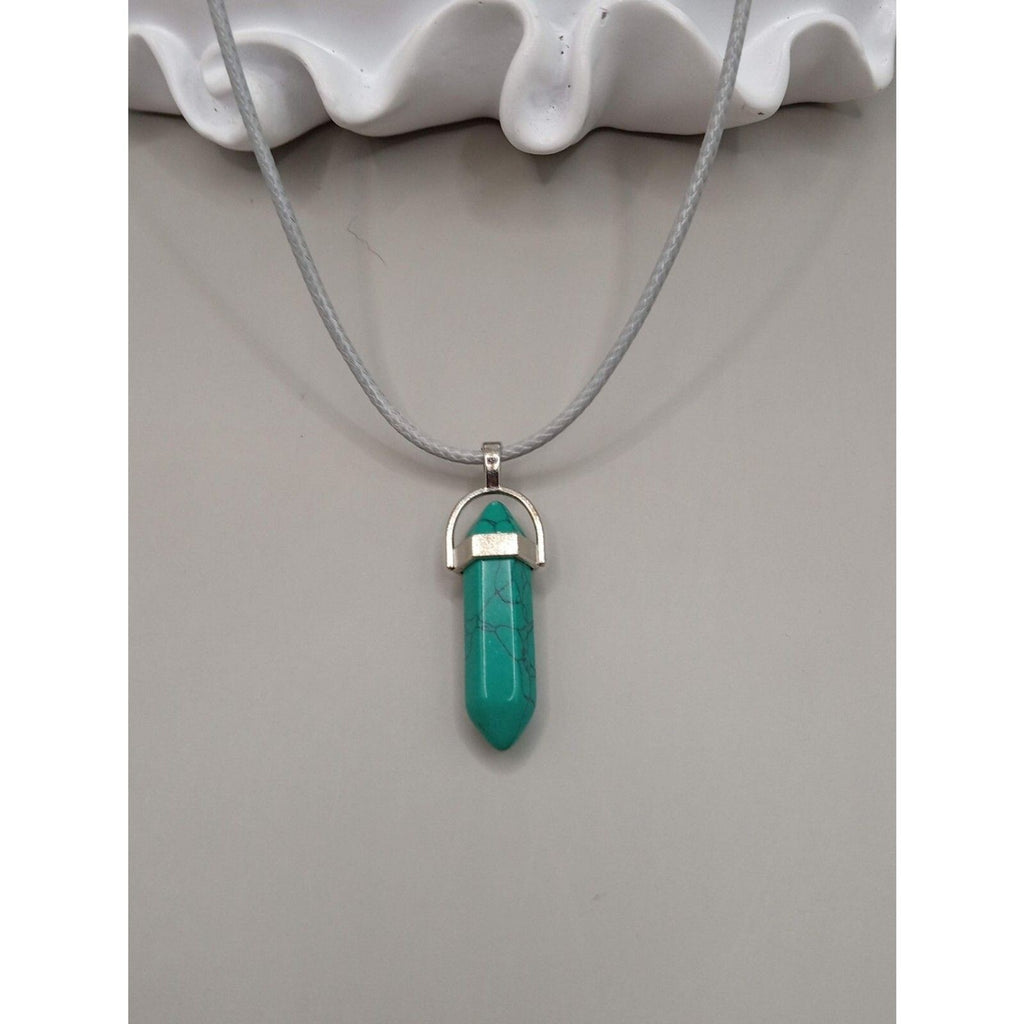 Pointed Turquoise Stone Pendant Necklace on Gray Cord