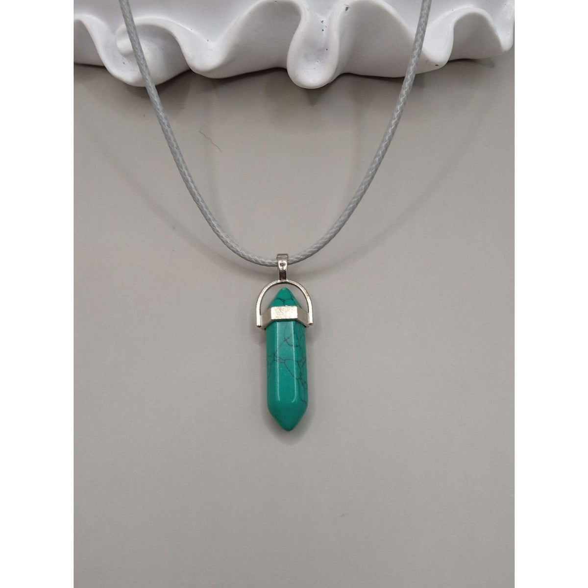 Pointed Turquoise Stone Pendant Necklace on Gray Cord