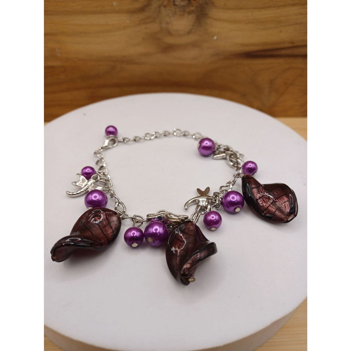 Vintage Purple Twist Beads Dragonfly Fairy Charm Bracelet