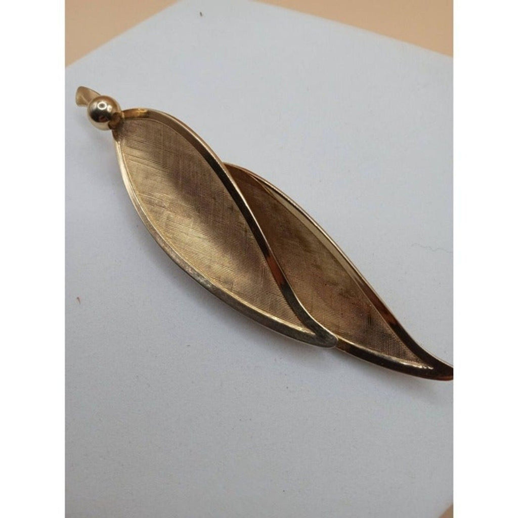 Vintage Long Gold Tone Double Leaf Art Deco Style Brooch Pin