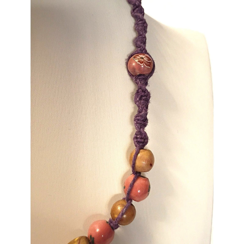 Necklace of Pink Floral beads Rustic Wooden bead Purple Cord