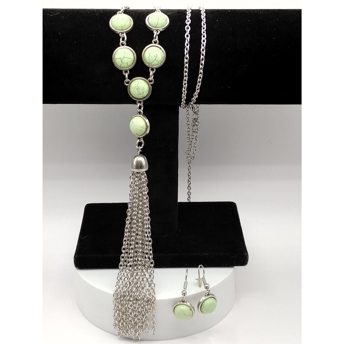 Necklace and Matching Earrings in a Mint Green Stone with Silver tone Tassel
