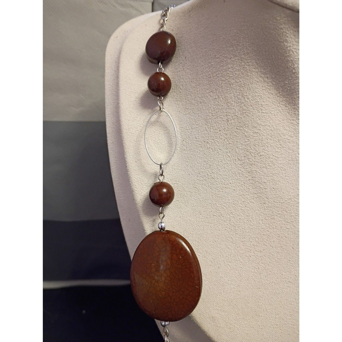 Vintage Chocolate Brown Chunky and Small Lucite Bead Silvertone Necklace