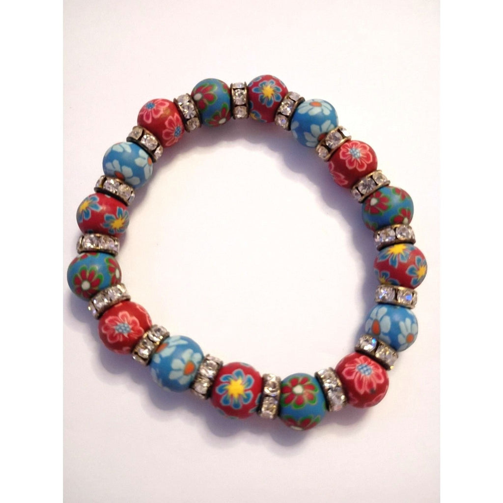Bracelet of Rubber Flower beads Red and Blue floral patterns, Rhinestone spacers
