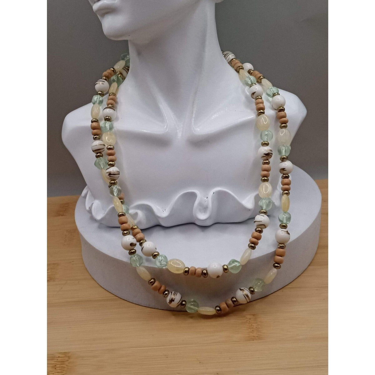 Vintage Muted Pastel Lucite & Wood Heishi Beaded Long Strand Necklace