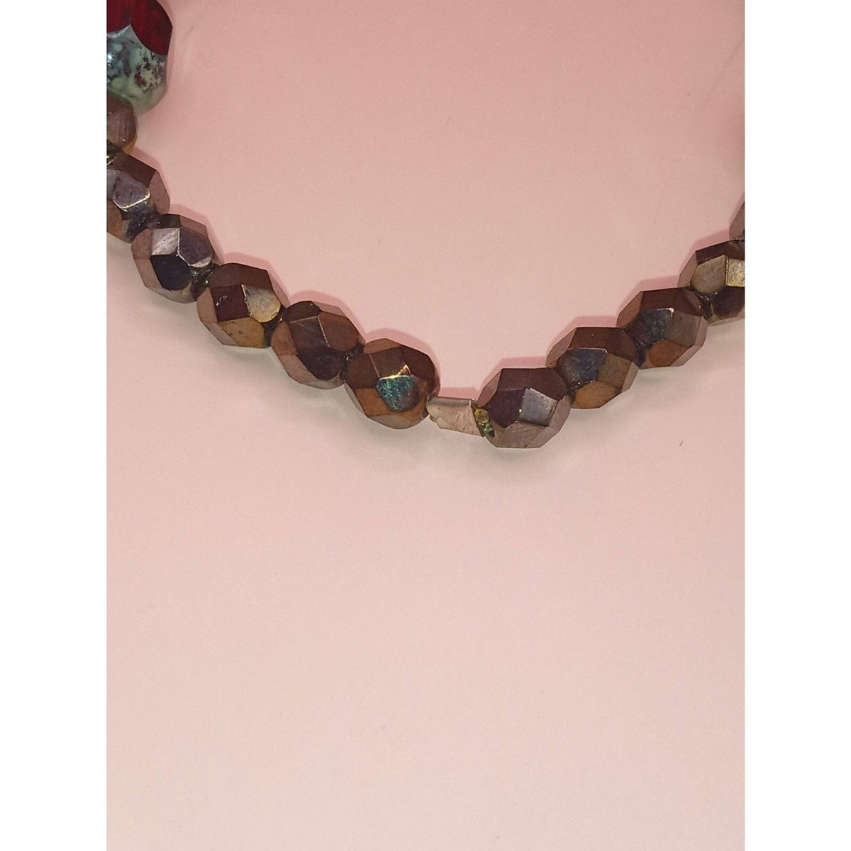 Vintage Fancy Red Crystal & Bronze Metallic Faceted Beaded Bracelet