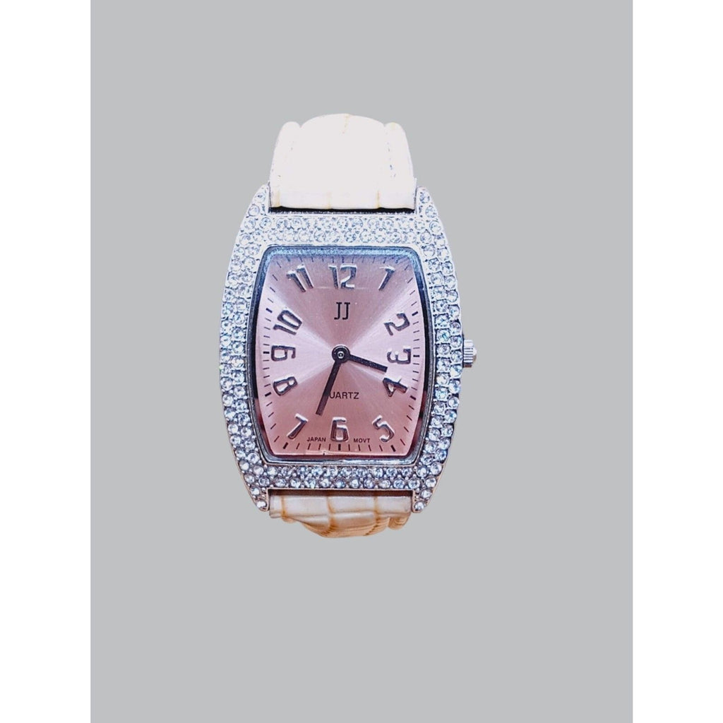 Women's JJ Square Rhinestone Quartz *Working* Watch w Pink Face and Cream Straps