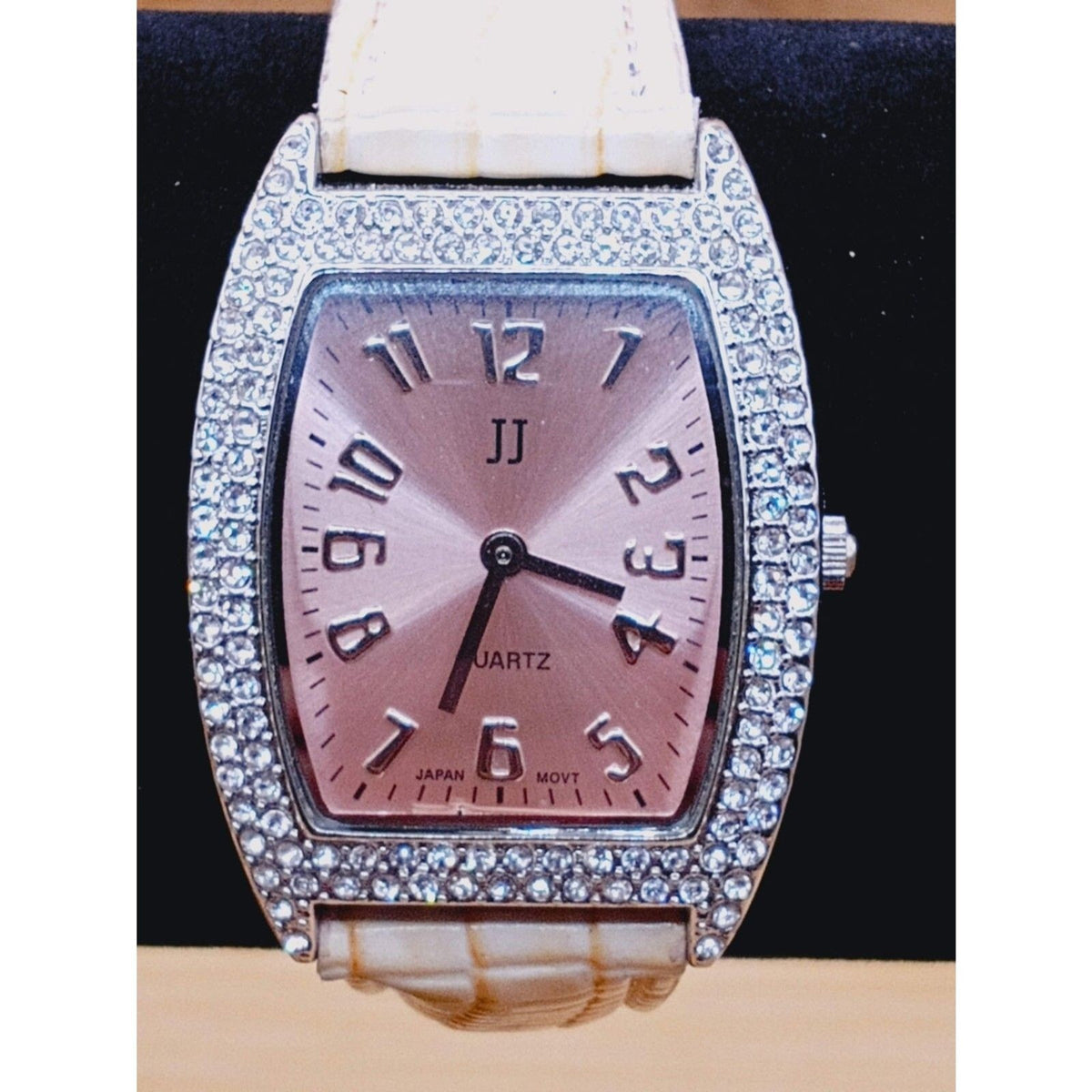 Women's JJ Square Rhinestone Quartz *Working* Watch w Pink Face and Cream Straps