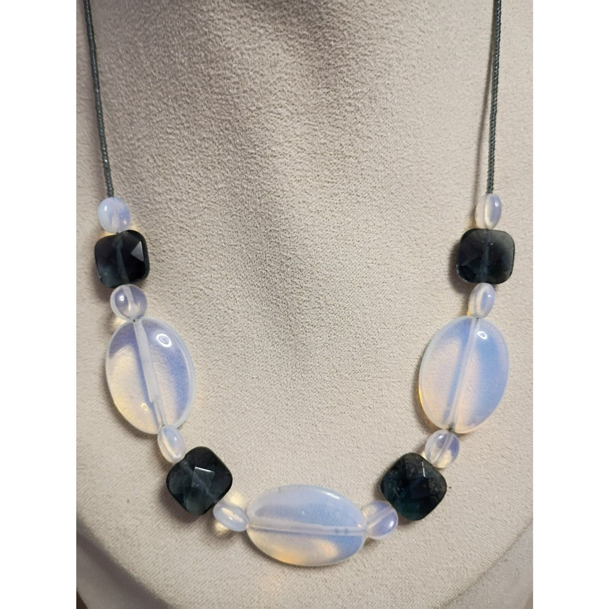 Vintage Blue Oval Glass Bead & Seed Beaded Cord Necklace